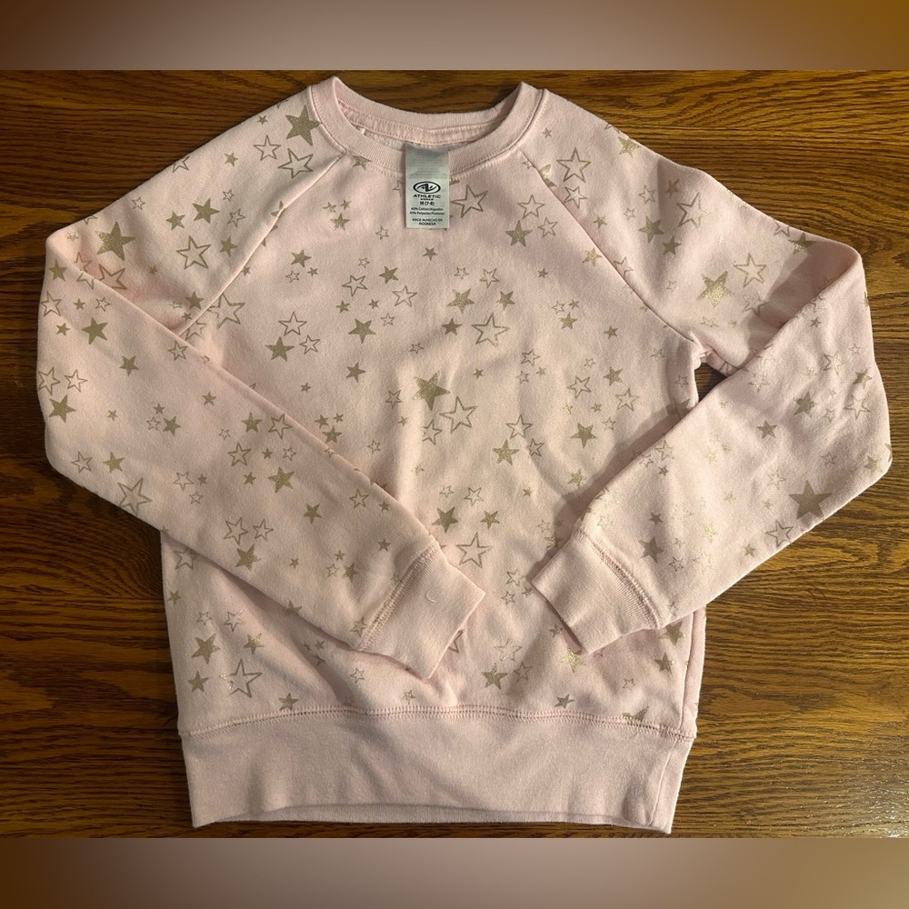 Athletic Works Girls Youth Pull Over Sweatshirt Pink Medium 7-8 Gold Stars